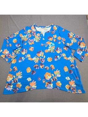 LOGO Lounge 2X Floral Print Blue Tunic Top 3/4 Sleeve Stretch